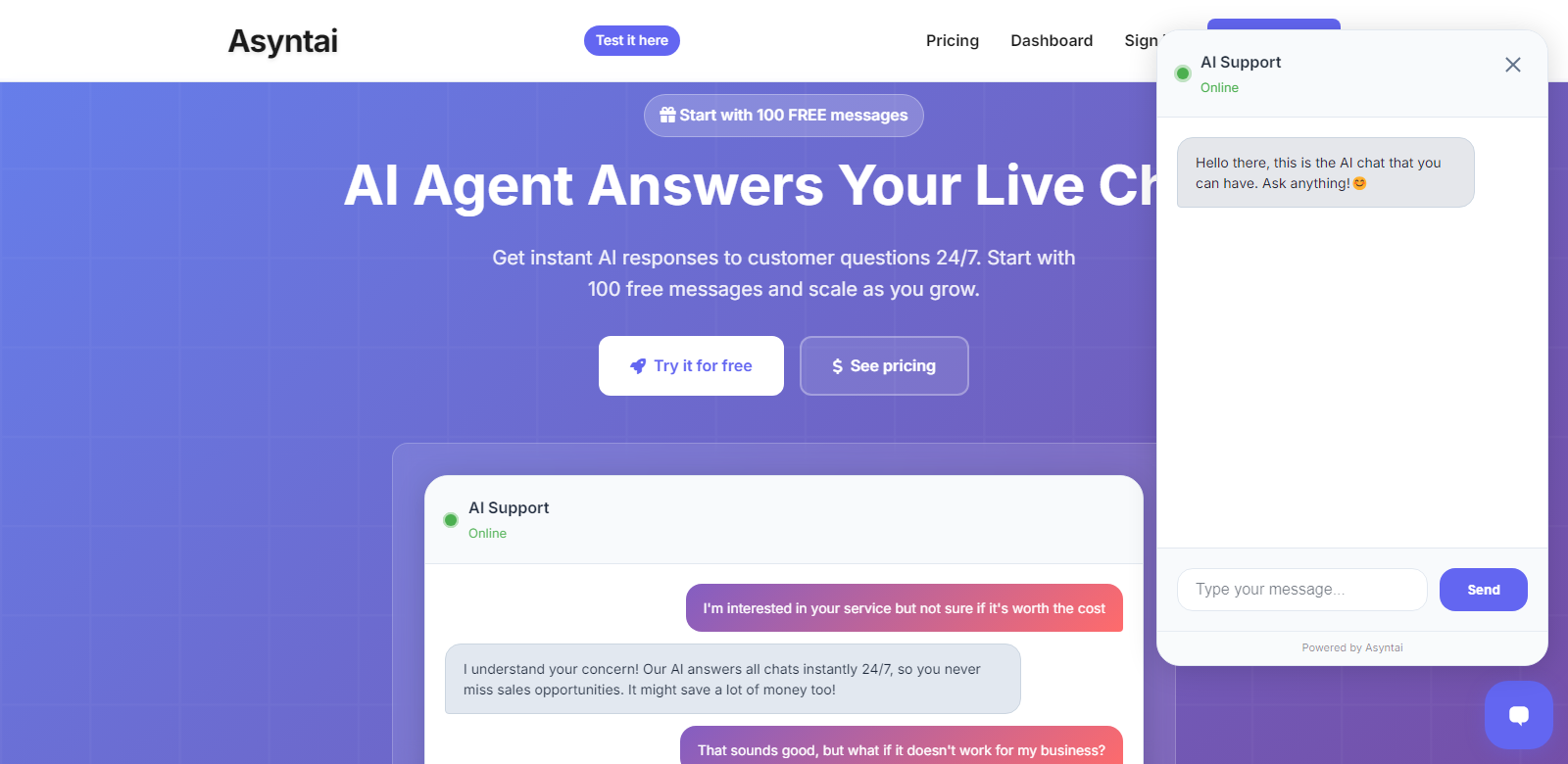 Asyntai - AI live chat for your website screenshort