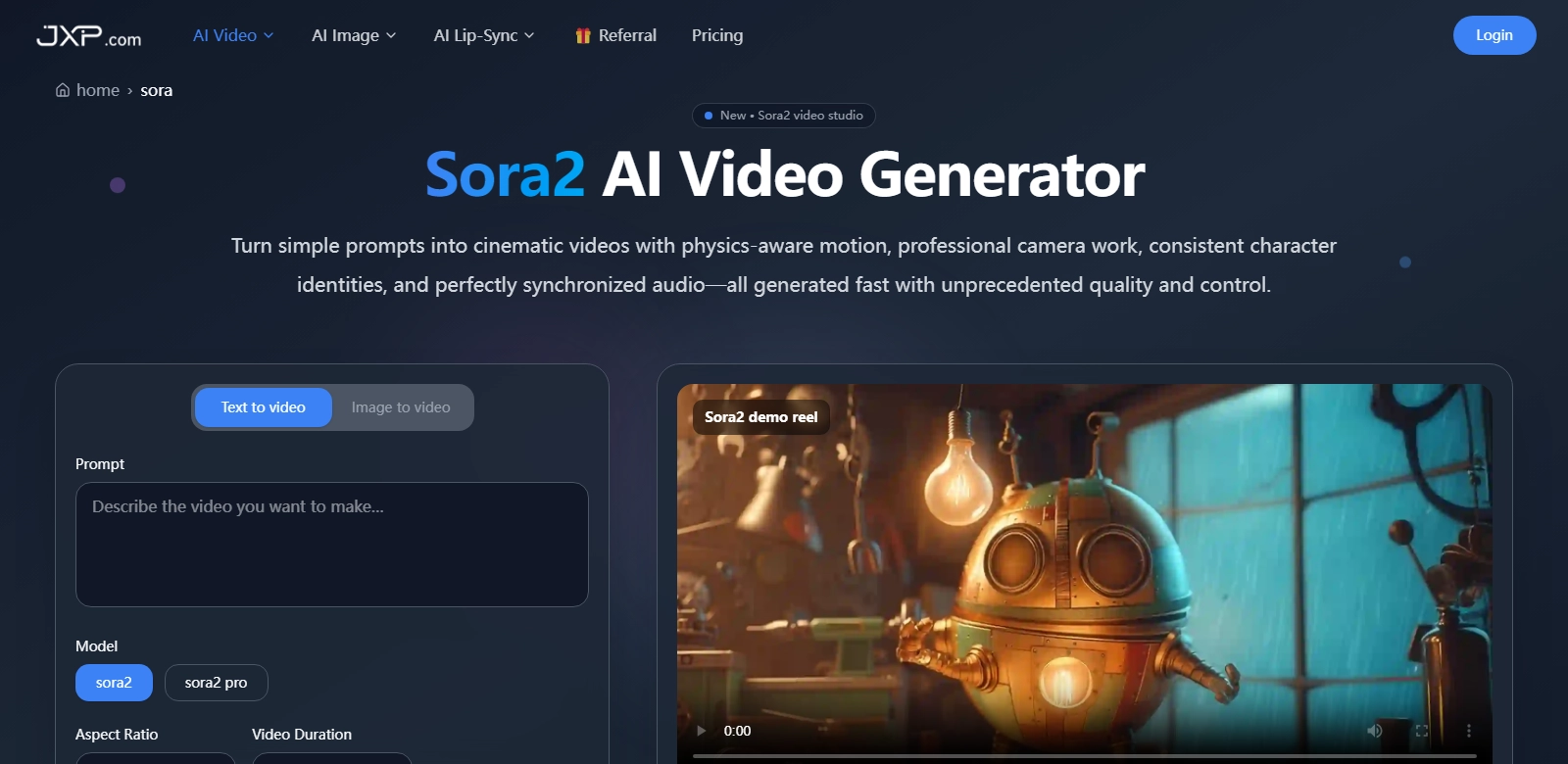 Sora2 AI Video Studio — Try Sora2 Free | JXP screenshort